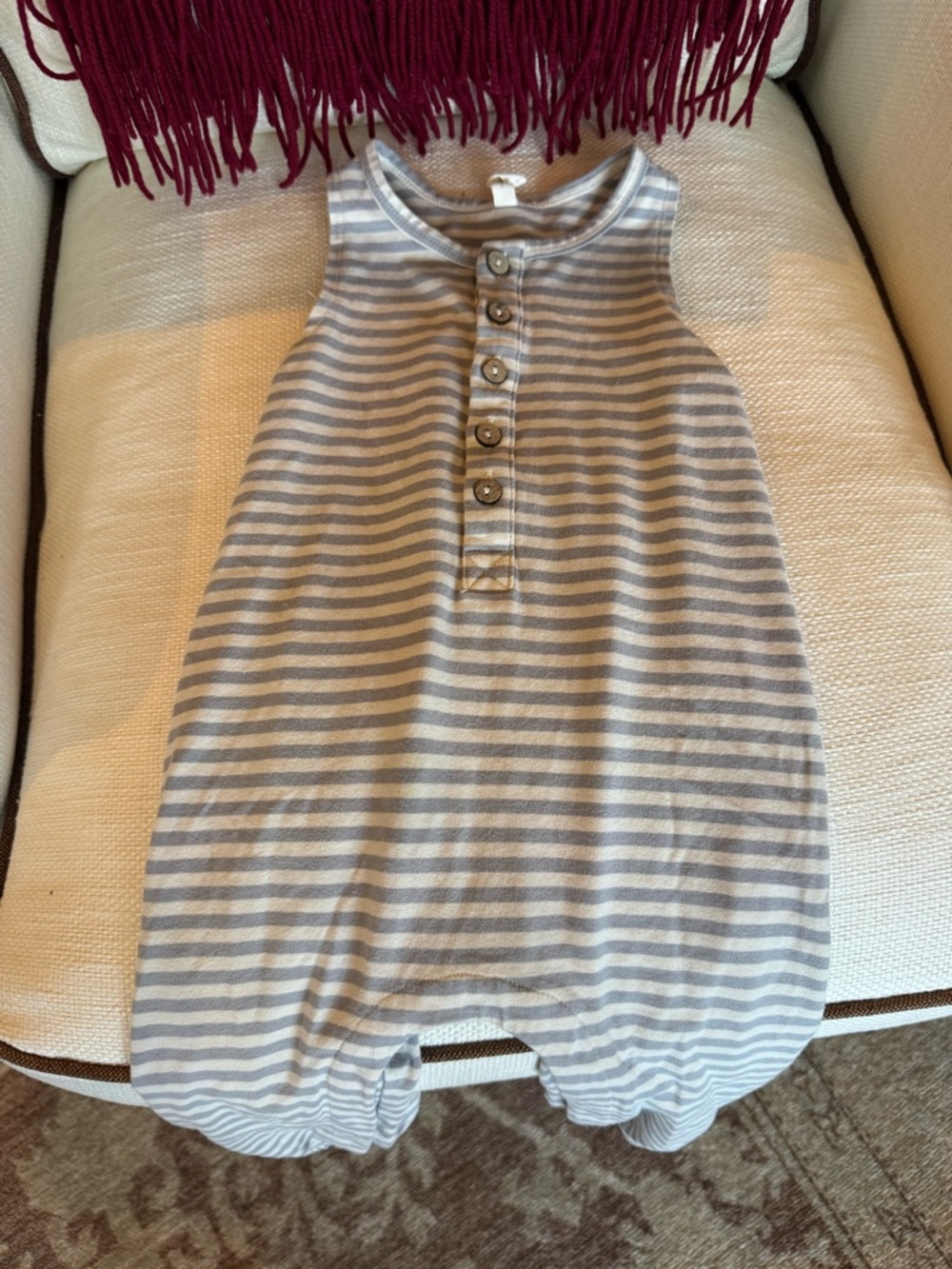 Quincy Mae Sleeveless Striped Baby Romper in Gray and White, 12-18 mo